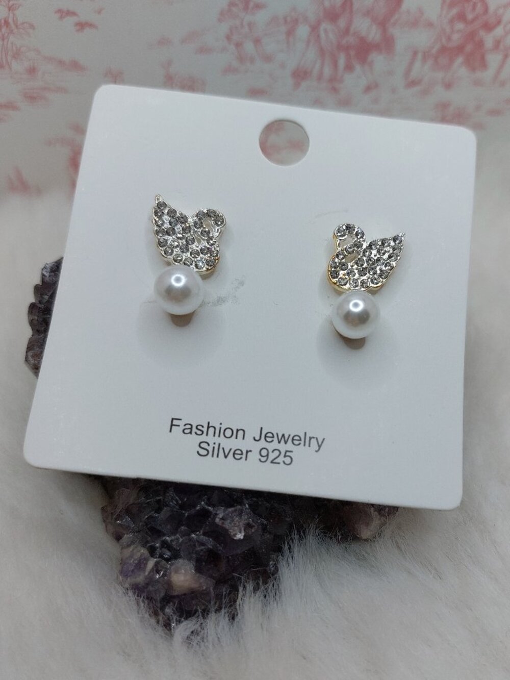 S925 Stud Crystal-Studded Swan and Faux-Pearl Stud Earrings